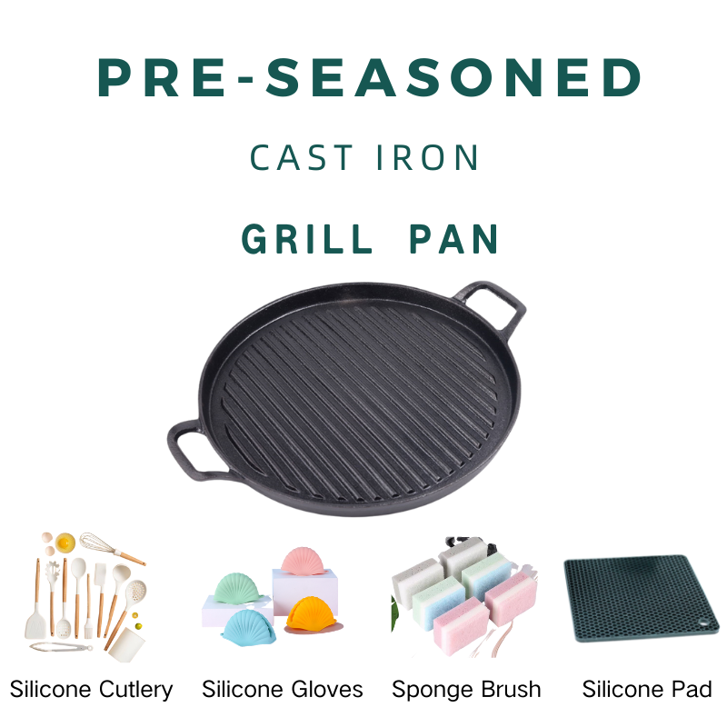  Black 9 Inch Round Heavy Duty Cast Iron Grill＆Griddle Pan