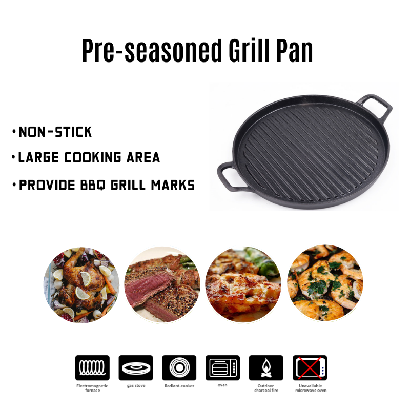  Black 9 Inch Round Heavy Duty Cast Iron Grill＆Griddle Pan