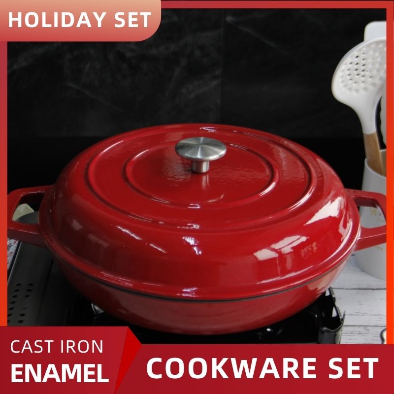 Red Enamel Coating Cast Iron Shallow Pot with Silicone Cutlery Set