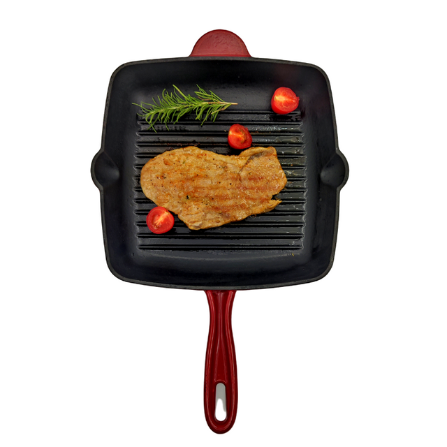 Multi-functional Square Red Enamel Cast Iron Skillet