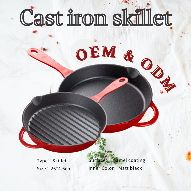 Red Enamel Round 10Inch Cast Iron Grill Frying Pan