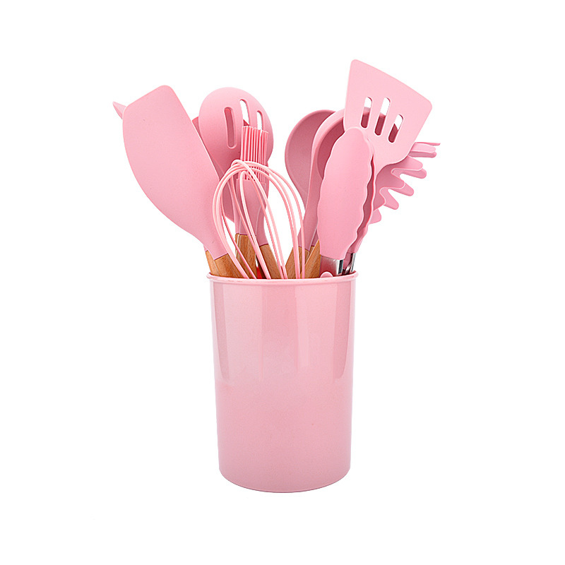 Non-Stick Silicone Cooking Utensils Set with Holder Sturdy Wooden Handle