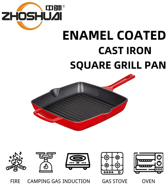 Red Enamel Coated Cast Iron Grill Pan with Handle