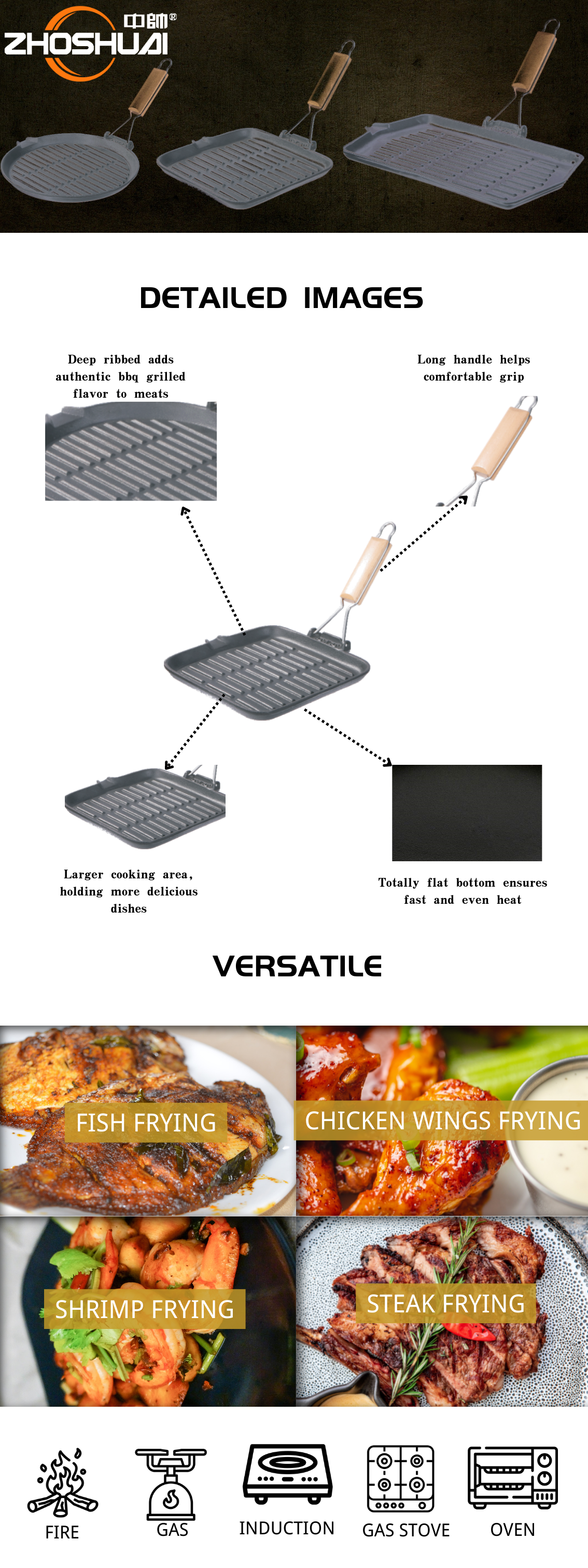 Cast Iron Square BBQ Grill Pan with Wooden Handle