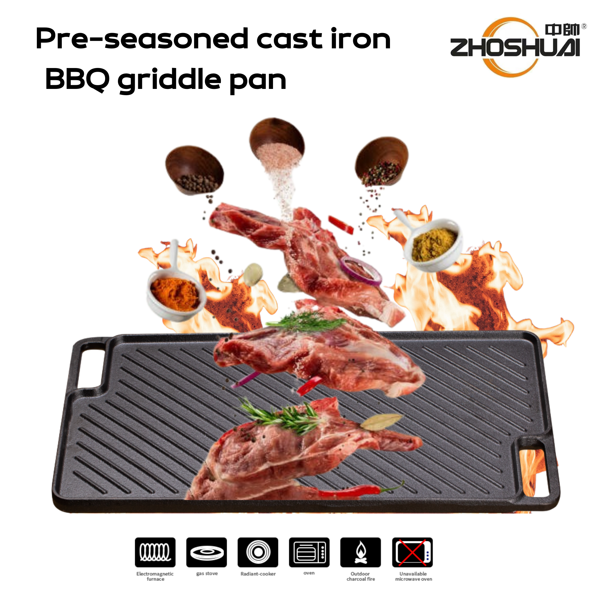 Rectangular 18 Inch Cast Iron BBQ Griddle Pan for grill