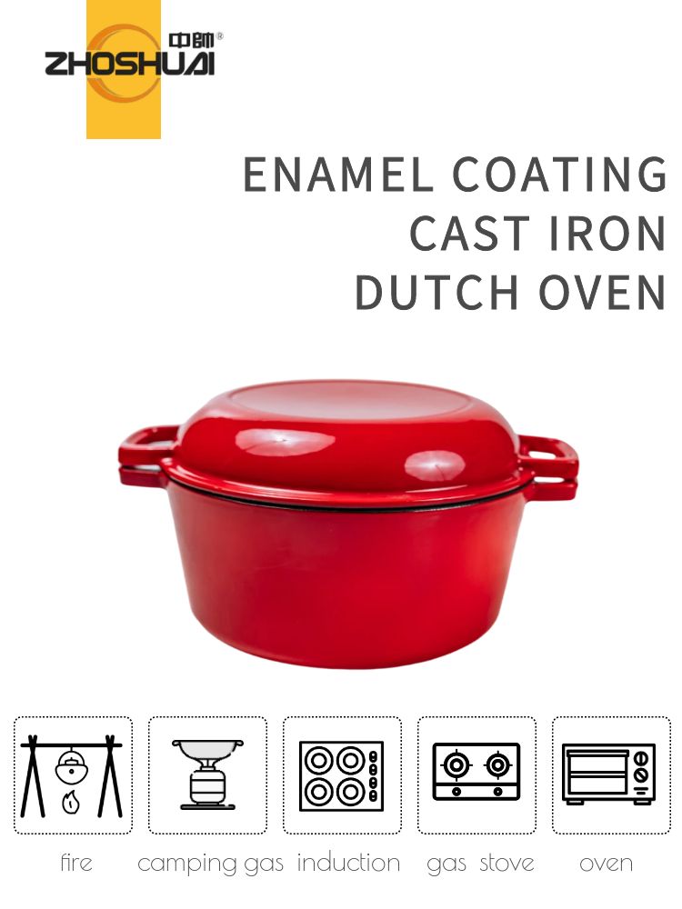 2 In 1 Red Round 5.1Qt Cast Iron Fry pan and Dutch Oven