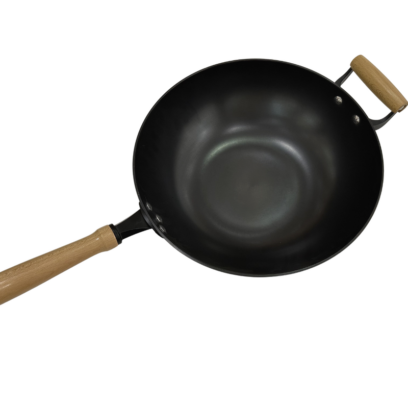 12" Diameter SGS Cast Iron Skillet Wok With Wooden Handle