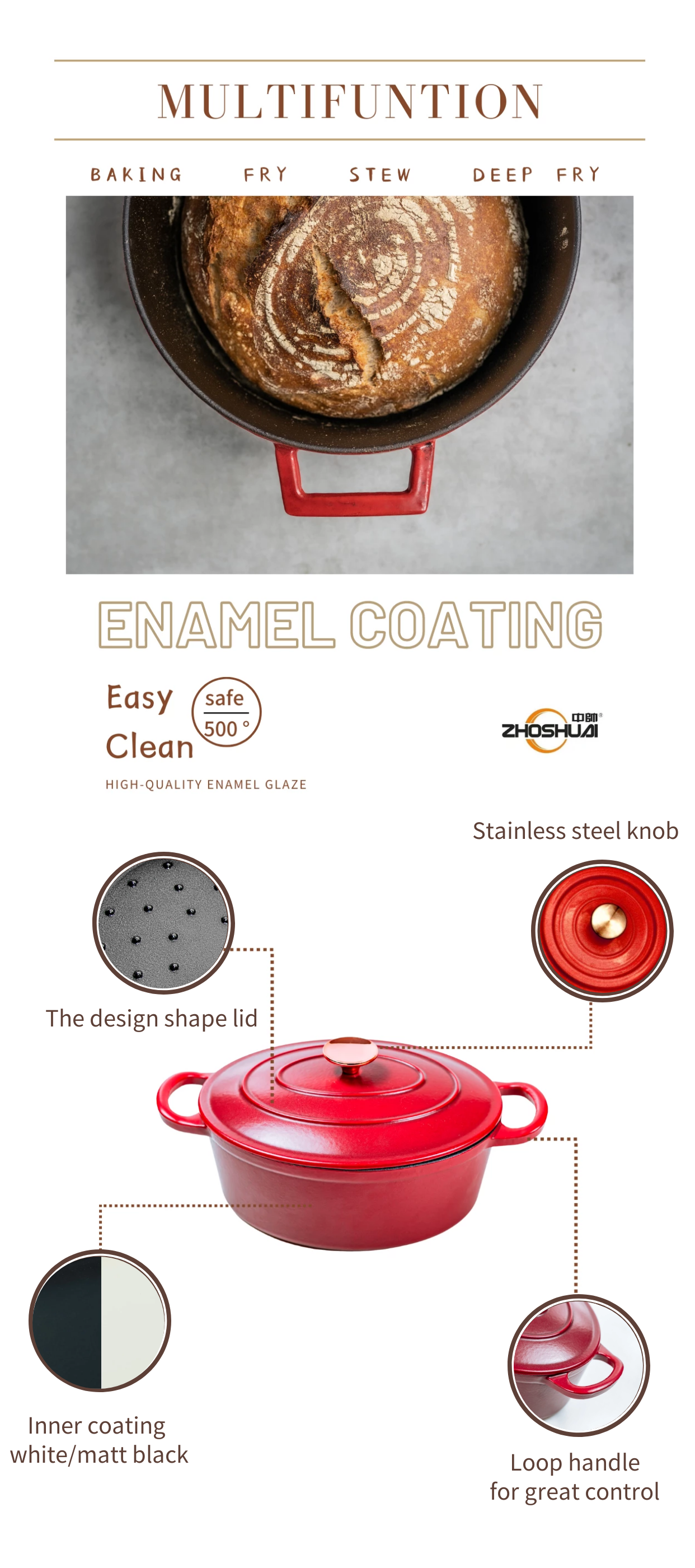 OEM Red Enameled Coating Cast Iron Casserole with Lid