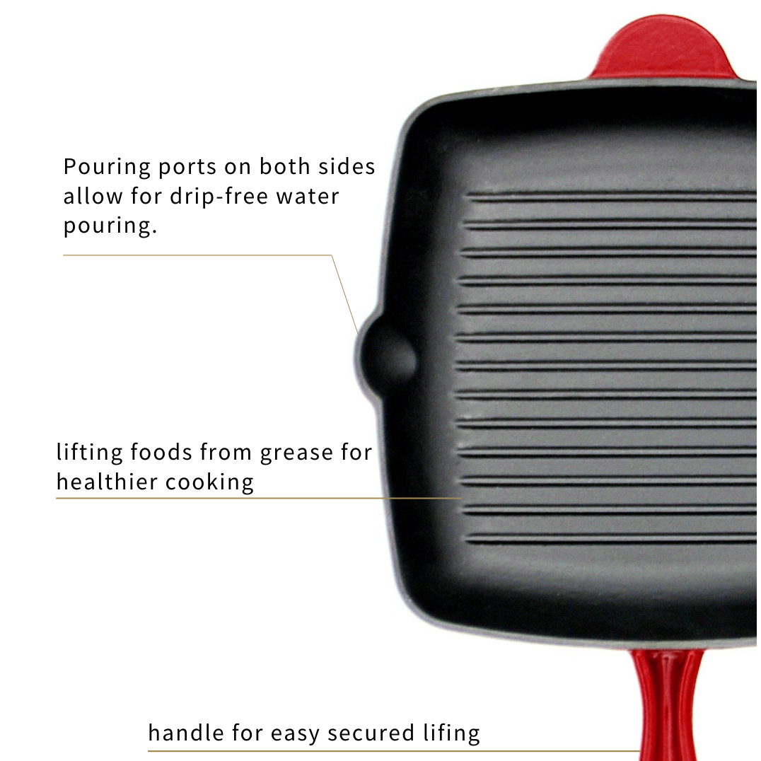 Enamel Cast Iron Square Grill Pan with Handle