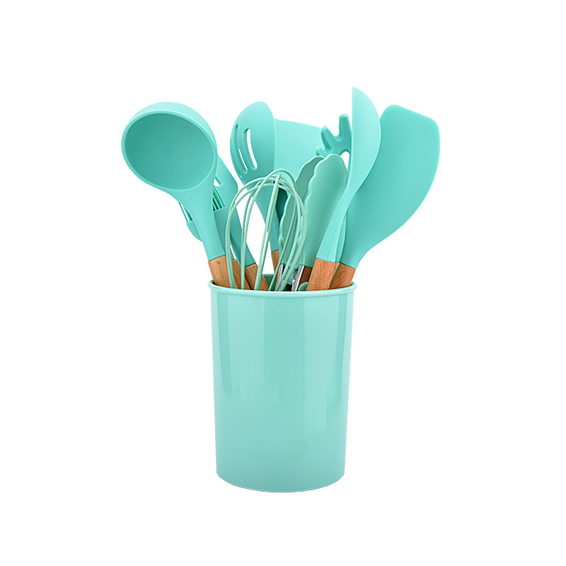 Non-Stick Silicone Cooking Utensils Set with Holder Sturdy Wooden Handle