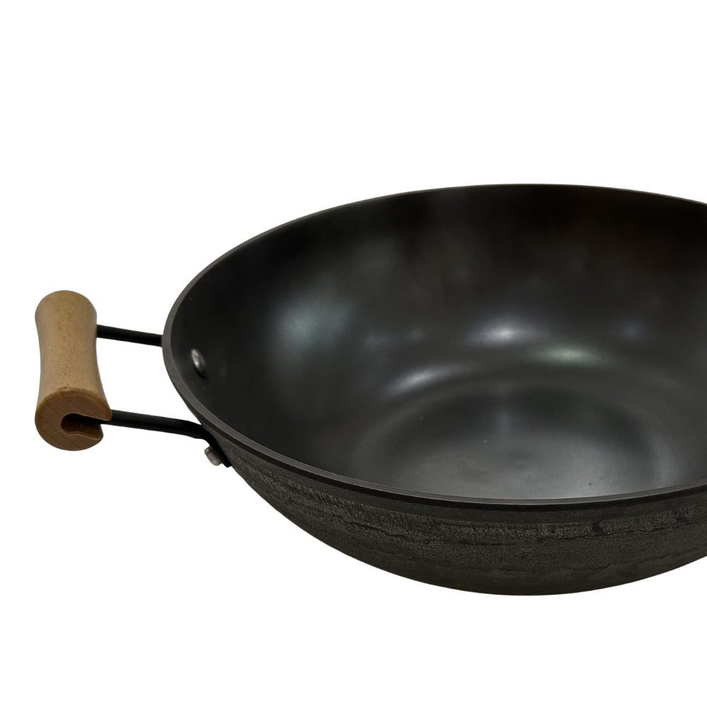 12" Diameter SGS Cast Iron Skillet Wok With Wooden Handle