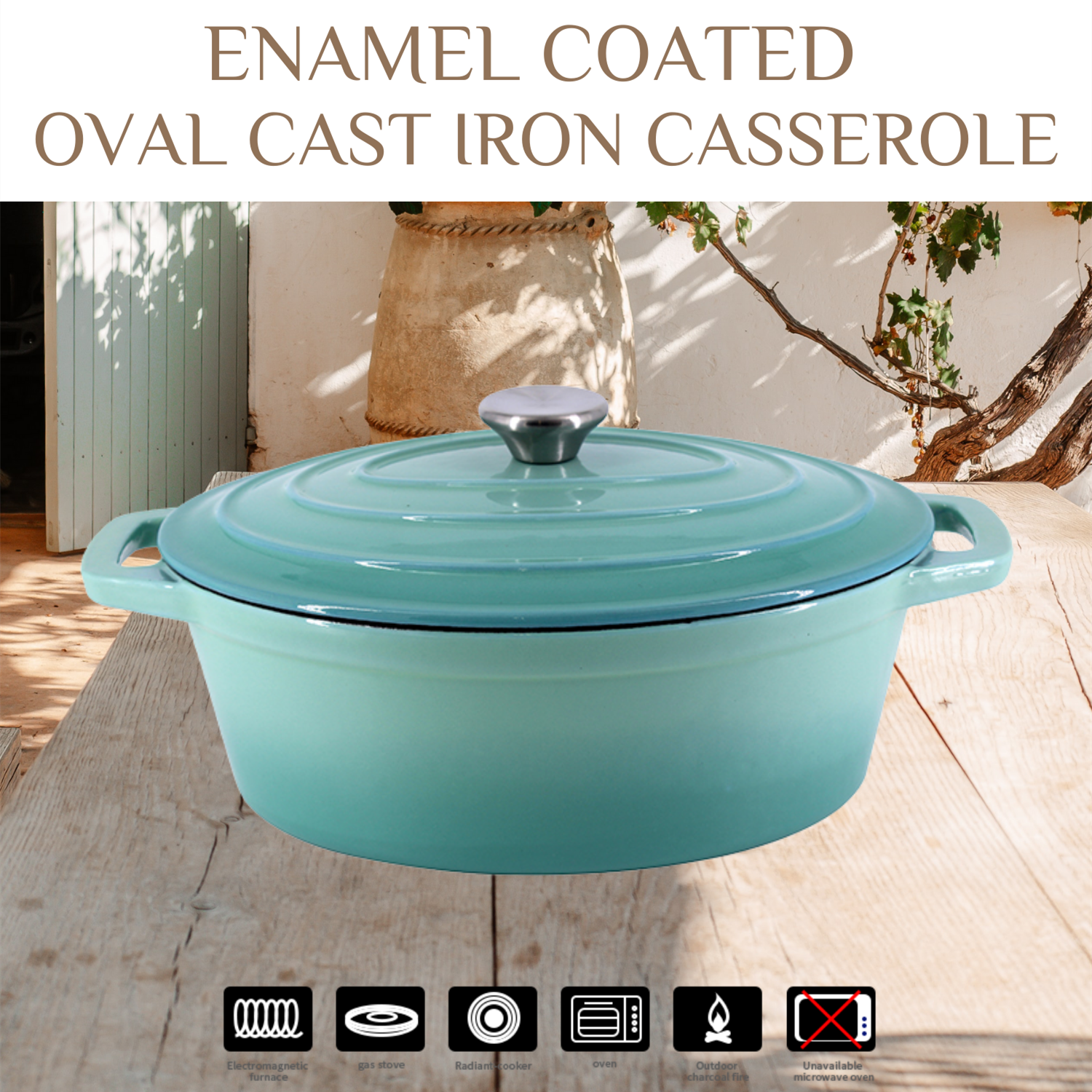 Enamel Coated Oblong Cast Iron Casserole