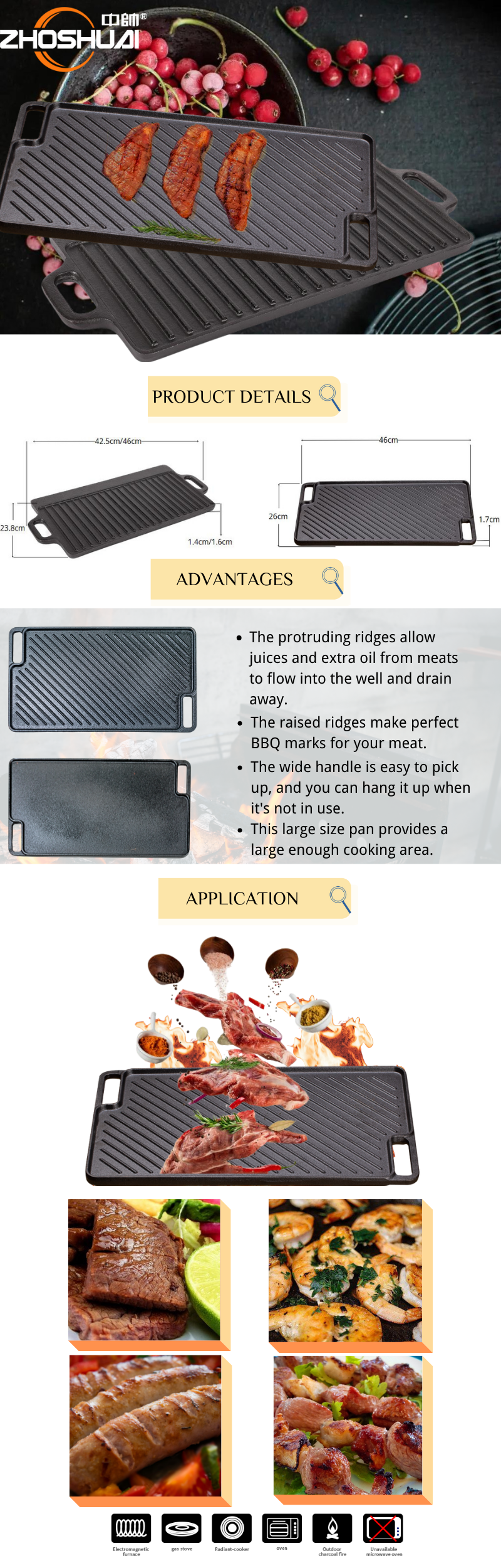 Multi-functional BBQ Fry Cast Iron Griddle Pan