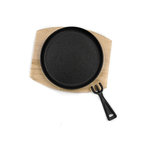 Nonstick Pre-seasoned Cast Iron Steak Sizzling Frying Pan with Woodbase