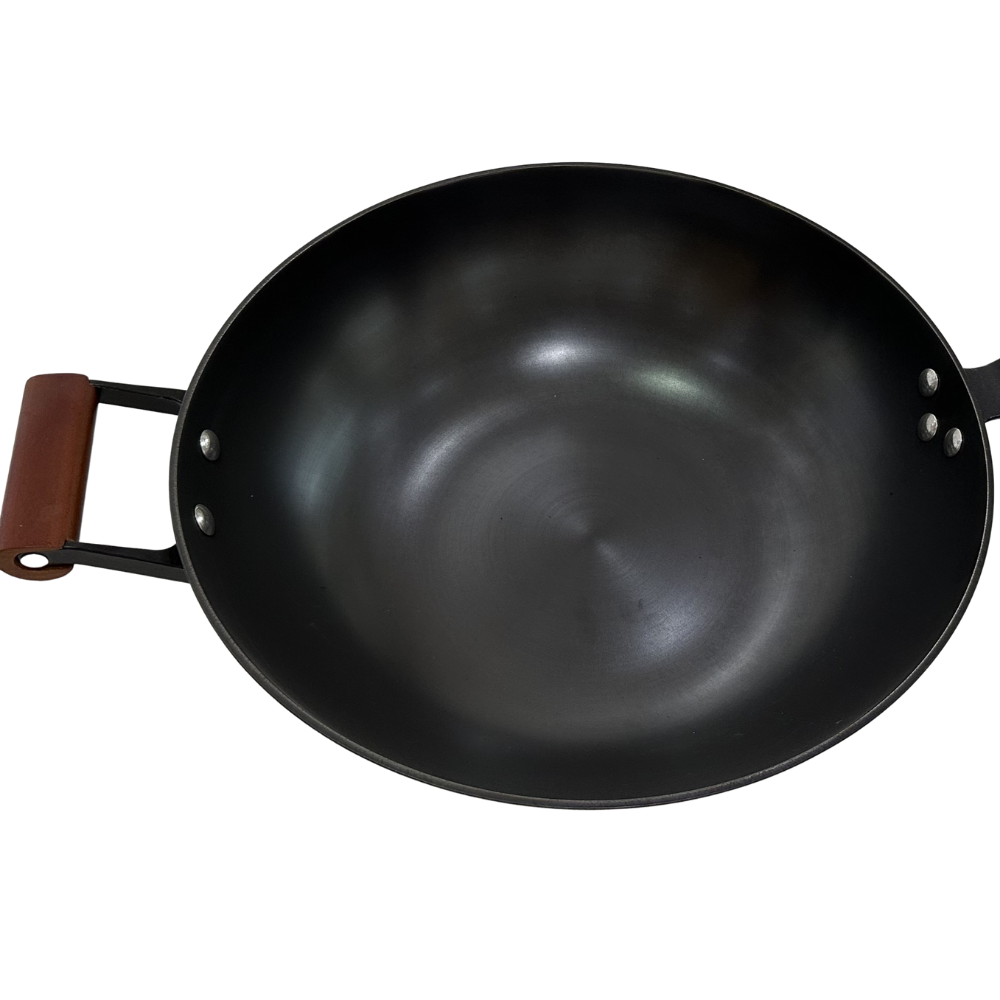 Heavy Duty 14 Inch Cast Iron Pan Chinese Wok Pan With Wooden Handle And Glass Lid