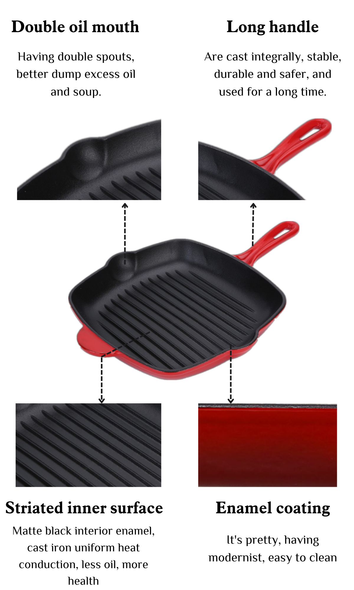 High Quality Enamel Coated Cast Iron Grill Pan with Handle