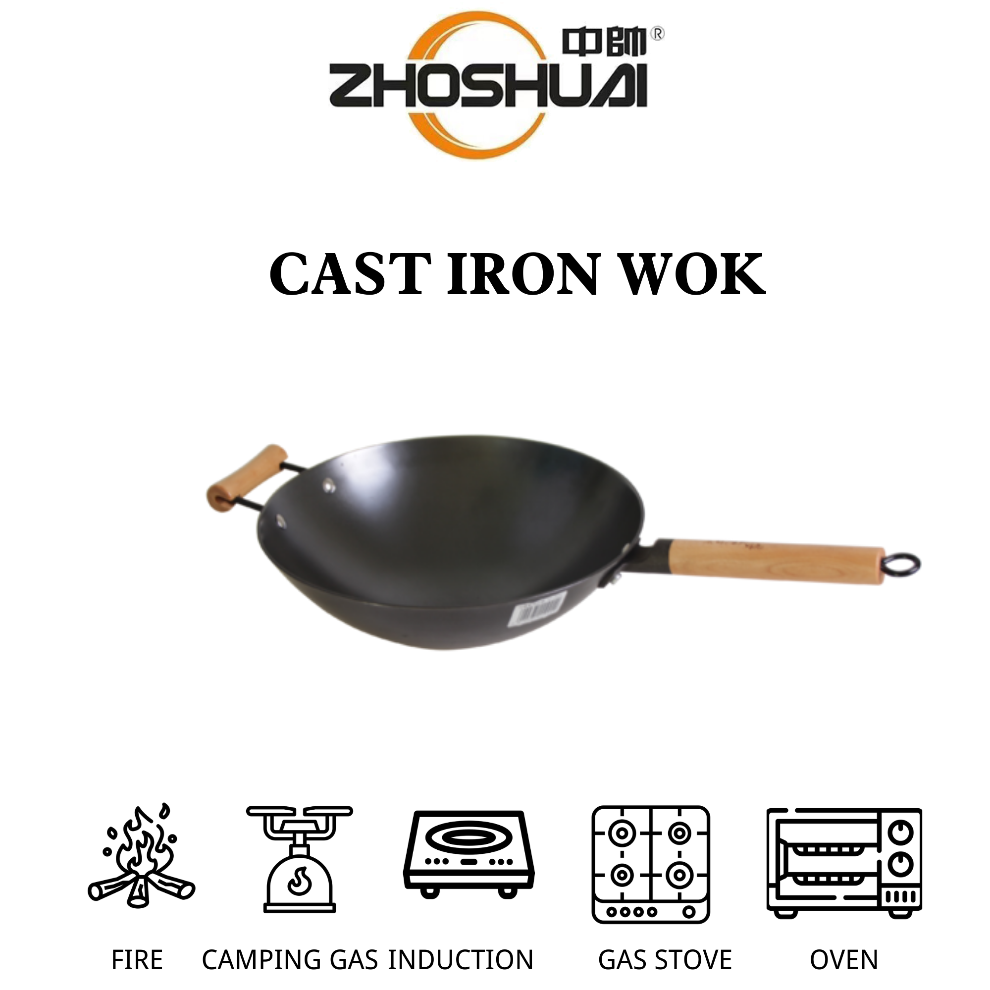 Heavy Duty Pre-Seasoned 13 Inch Cast Iron Wok With Handles