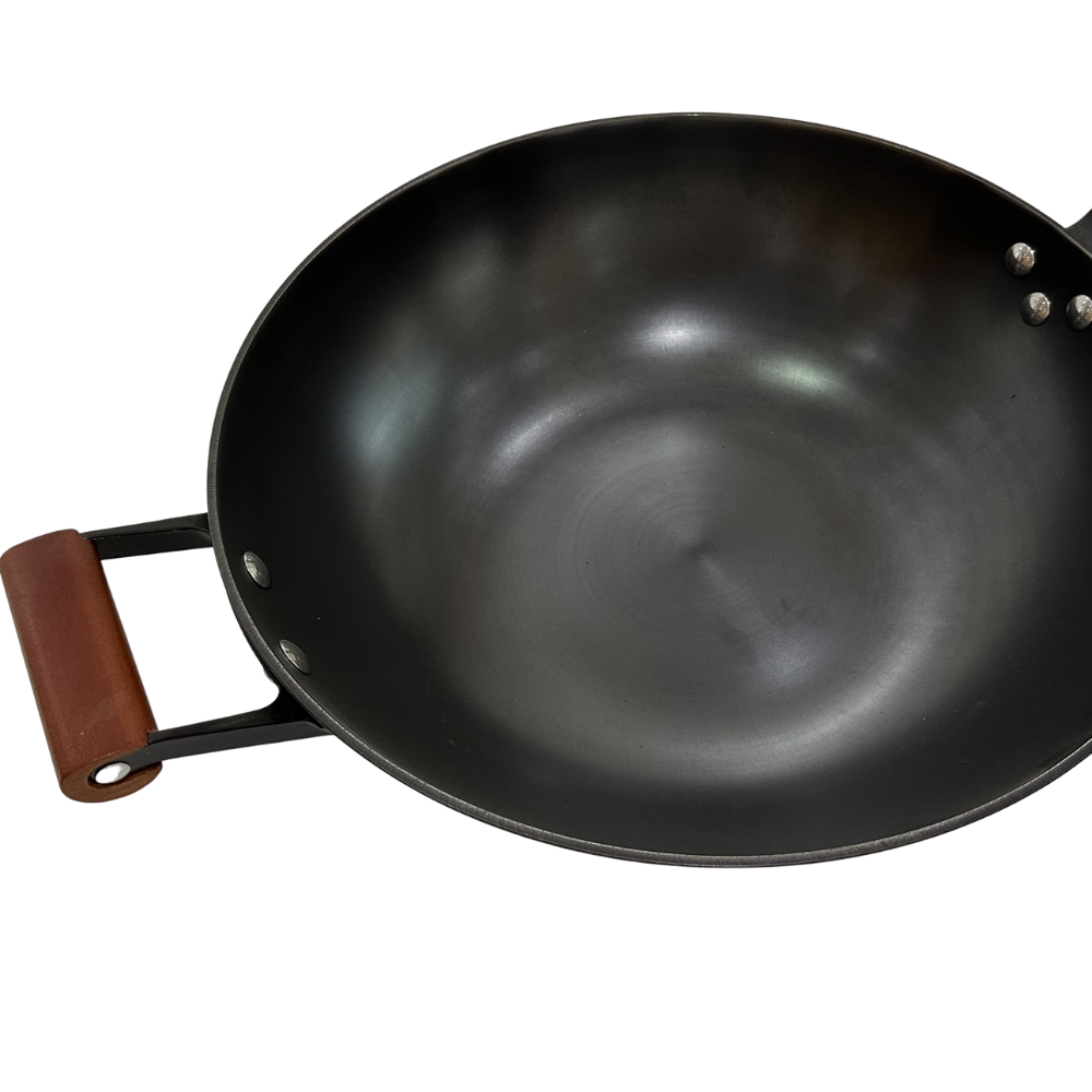 Heavy Duty 14 Inch Cast Iron Pan Chinese Wok Pan With Wooden Handle And Glass Lid